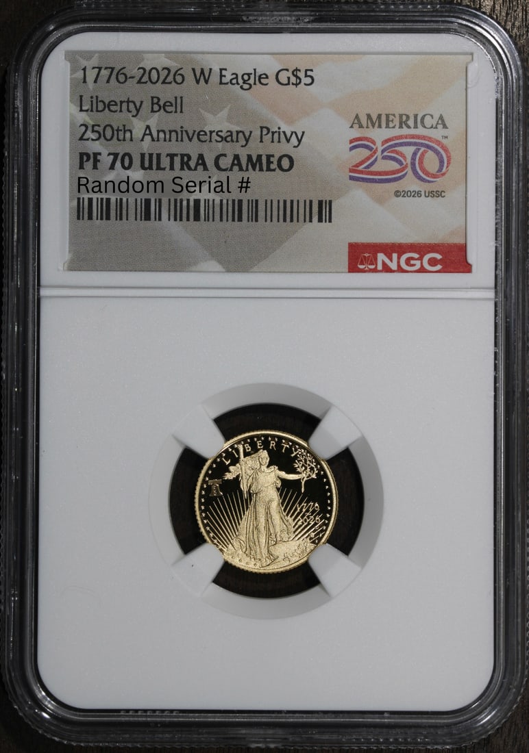 2026 W Proof $5 American Gold Eagle 1/10 oz NGC PF70 Dual Date: 2026 W Proof $5 American Gold Eagle 1/10 oz NGC PF70 Dual Date 1776-2026 W American Gold Eagle proof coin with a $5 denomination. This presale piece is a 2026 issue struck in gold and graded PF70 by N