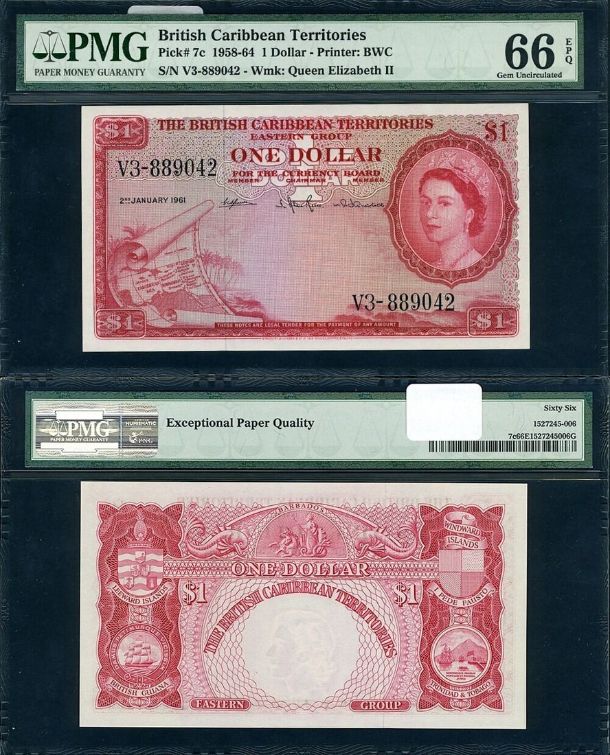 PMG Gem CU66 EPQ British Caribbean 1 Dollar QEII 1958 (1 of 3)