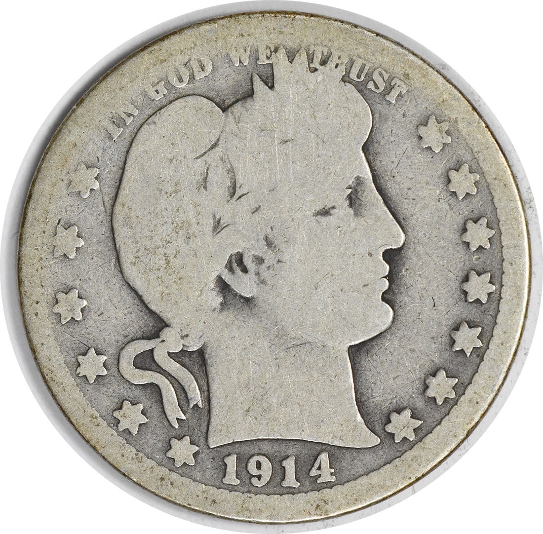 1914-S Barber Silver Quarter Coin Circulated 90% Silver G Grade: 1914-S Barber Silver Quarter Coin Circulated 90% Silver G Grade This 1914-S Barber Silver Quarter features the artistry of designer Charles E. Barber, showcasing a classic American coin design. The co