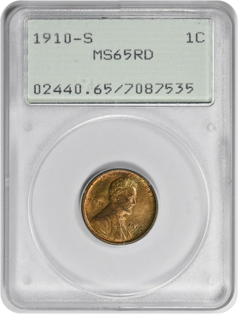 1910-S Lincoln Cent MS65RD PCGS Uncirculated San Francisco Mint: 1910-S Lincoln Cent MS65RD PCGS Uncirculated San Francisco Mint This 1910-S Lincoln Cent, graded MS65RD by PCGS, is a stunning example of numismatic artistry. Struck in San Francisco, this uncirculate