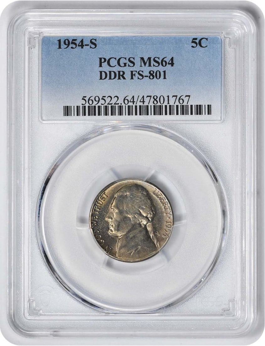 PCGS MS64 1954-S Jefferson 5C FS-801 Variety: PCGS MS64 1954-S Jefferson 5C FS-801 Variety 1954-S Jefferson Nickel, FS-801 doubled die reverse variety, graded MS64 by PCGS. This uncirculated United States 5-cent coin features the Jefferson design