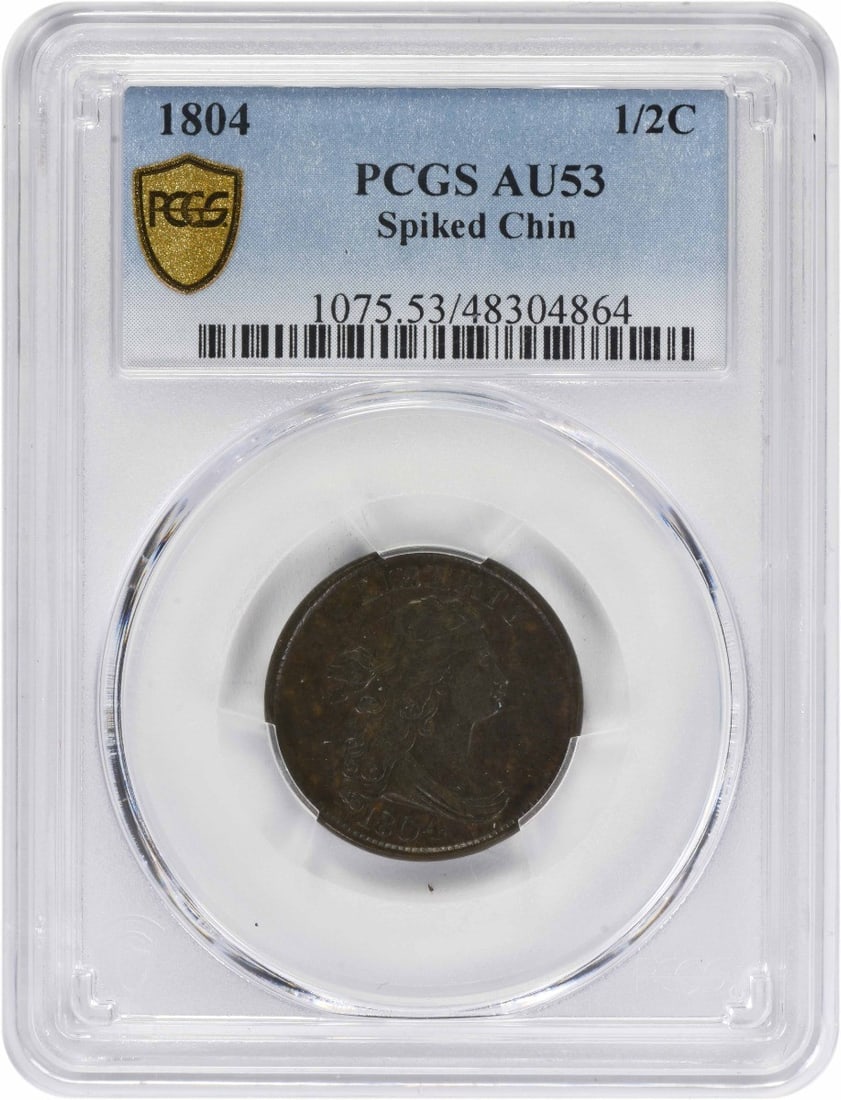 Draped Bust 1804 Half Cent Spiked Chin Copper Coin AU53 PCGS: Draped Bust 1804 Half Cent Spiked Chin Copper Coin AU53 PCGS This 1804 Draped Bust Half Cent features the notable Spiked Chin variety and is graded AU53 by PCGS. Struck in copper at the Philadelphia M