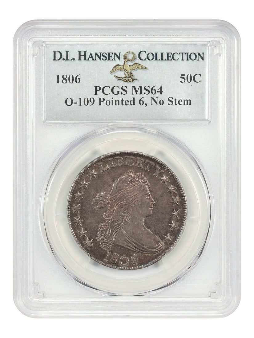 Draped Bust Half Dollar 1806 PCGS MS64 O-109 Pointed 6 No Stem: Draped Bust Half Dollar 1806 PCGS MS64 O-109 Pointed 6 No Stem 1806 Draped Bust Half Dollar, Overton 109 variety with Pointed 6, No Stem, graded PCGS MS64. Although the Pointed 6, No Stem half dollar 