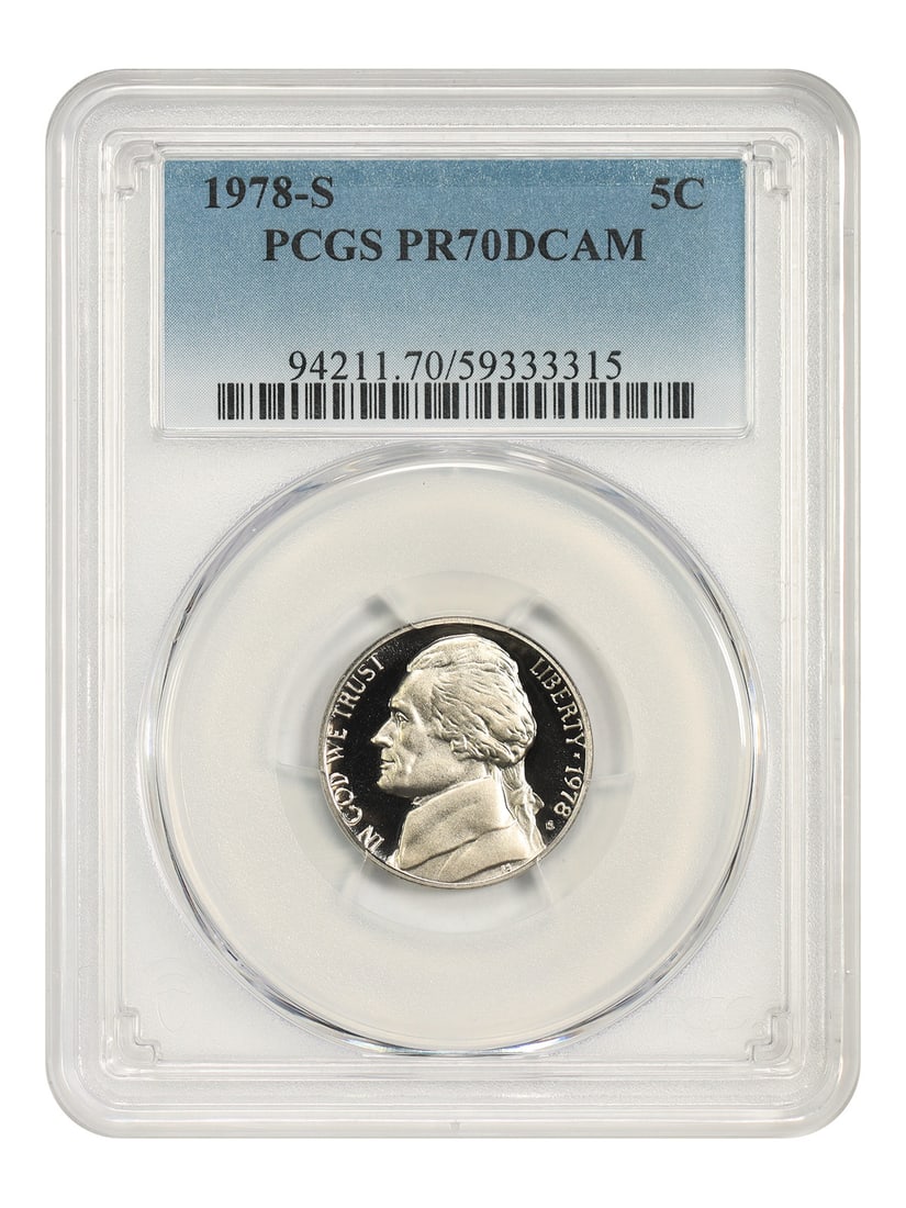 Jefferson Nickel 1978-S 5C PCGS PR70DCAM: Jefferson Nickel 1978-S 5C PCGS PR70DCAM 1978-S Jefferson Nickel graded PR70DCAM by PCGS. This uncirculated 5C coin was minted in San Francisco and is certified by PCGS with certification number 59333