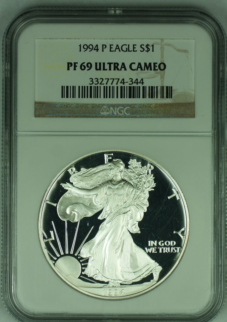 NGC PF 69 Ultra Cameo 1994-P Proof Silver Eagle Dollar Coin: NGC PF 69 Ultra Cameo 1994-P Proof Silver Eagle Dollar Coin This 1994-P American Proof Silver Eagle features a $1 denomination and has been certified by NGC with a PF 69 Ultra Cameo grade. The coin is