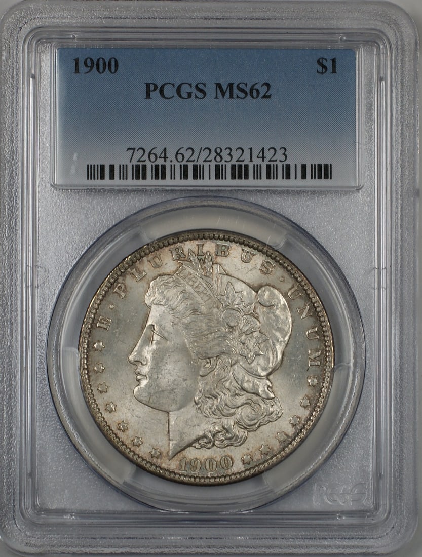 PCGS MS-62 1900 Morgan Dollar Silver $1 Philadelphia Light Toning: PCGS MS-62 1900 Morgan Dollar Silver $1 Philadelphia Light Toning This is a 1900 Morgan Silver Dollar $1 coin, certified by PCGS with a grade of MS-62. The coin is composed of silver, originates from 