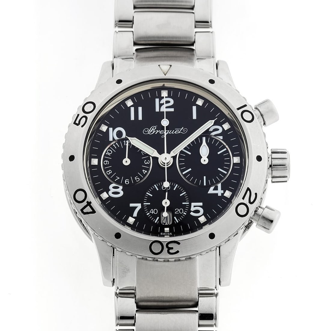 Breguet Transatlantique TYPE XX stainless steel automatic chronograph watch: Breguet Transatlantique TYPE XX stainless steel automatic chronograph watch This Breguet Transatlantique TYPE XX Automatic wristwatch features a stainless steel case with a black dial and a unidirecti