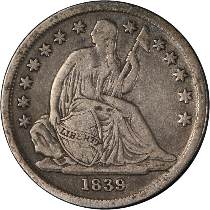 1839 O Silver Seated Liberty Dime No Drapery Choice VF+: 1839 O Silver Seated Liberty Dime No Drapery Choice VF+ This 1839-O Seated Liberty Dime features the No Drapery variety and is graded Choice VF+. It is composed of 0.9 fine silver and was minted in th