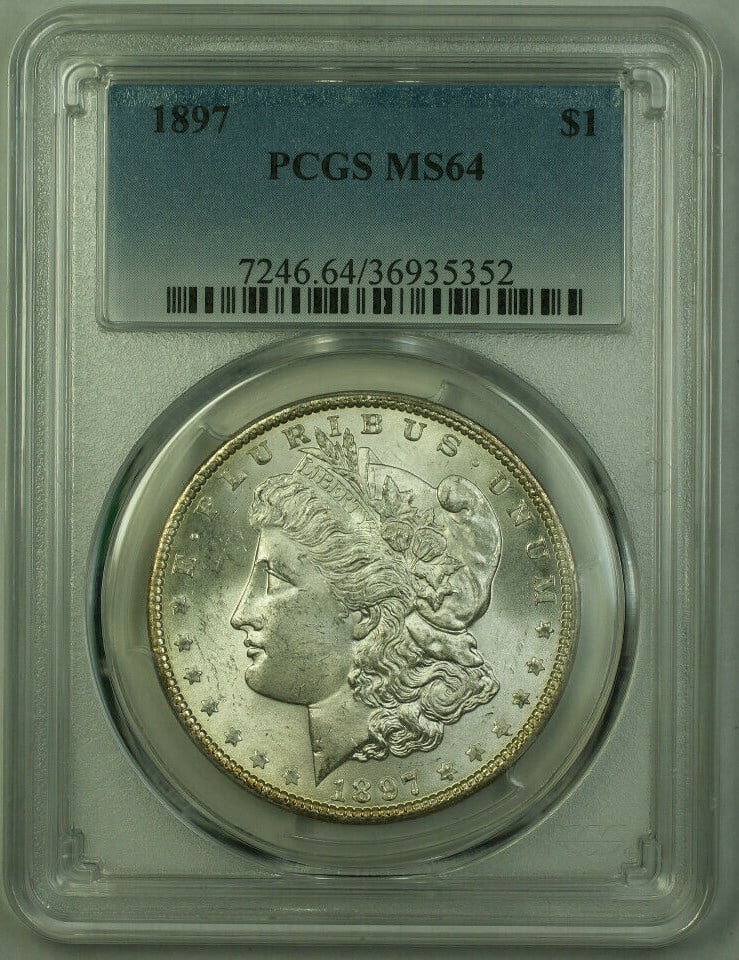 PCGS MS-64 1897 Morgan Dollar Silver $1 Philadelphia: PCGS MS-64 1897 Morgan Dollar Silver $1 Philadelphia 1897 Morgan Silver Dollar $1 coin certified by PCGS as MS-64. This uncirculated silver Morgan Dollar is a better coin and is offered in pre-owned c