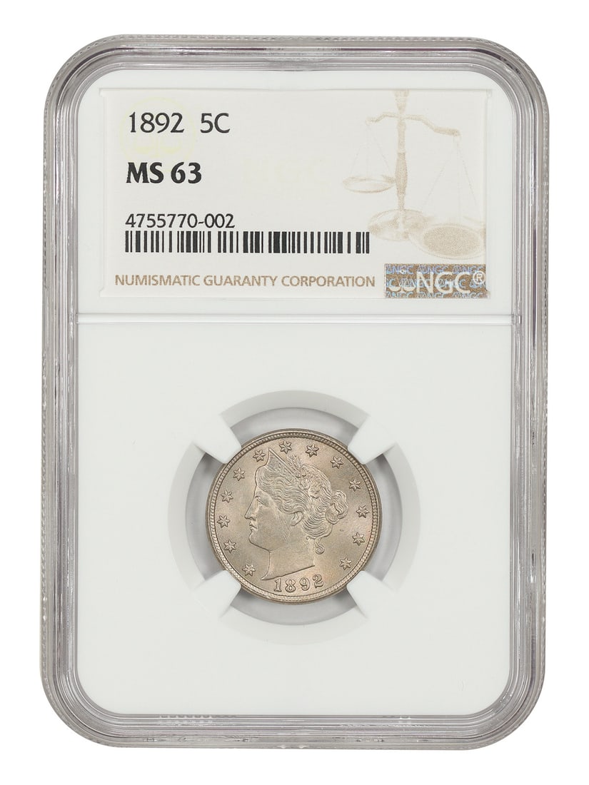 NGC MS63 1892 Liberty Head 5C Nickel: NGC MS63 1892 Liberty Head 5C Nickel 1892 Liberty Nickel certified by NGC in MS63 grade. This uncirculated 5C coin is a pre-owned example from the Philadelphia Mint. Specifications Denomination: 5C Ye