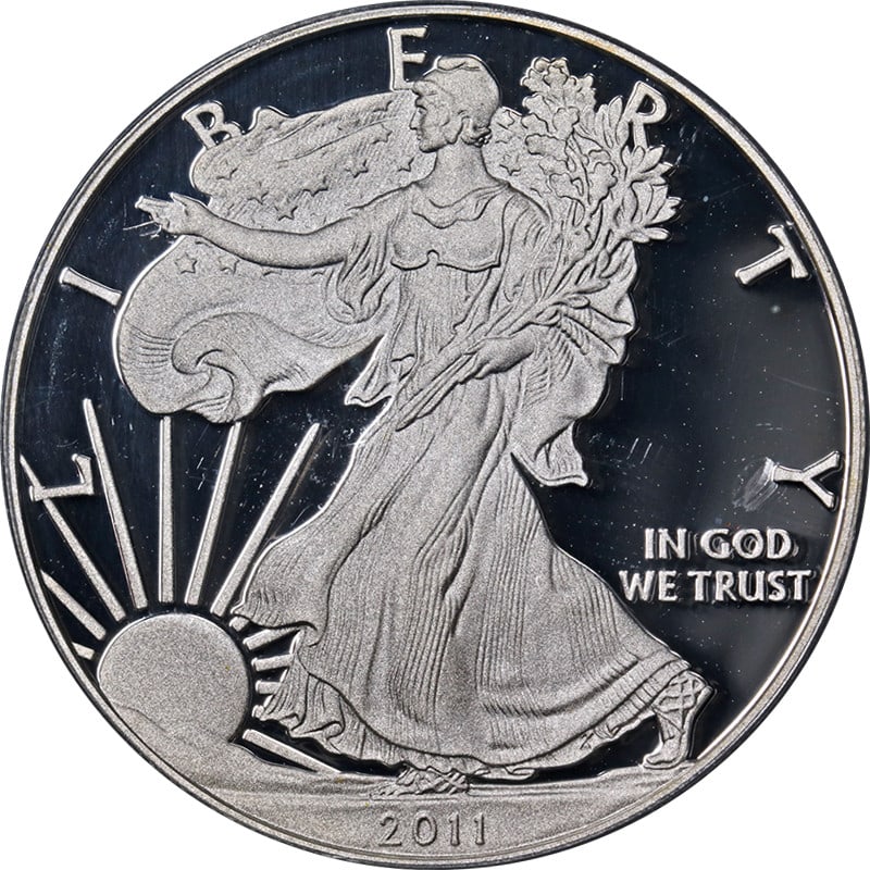 2011-W Silver American Eagle $1 PCGS PR69 DCAM 25th Anniversary Coin: 2011-W Silver American Eagle $1 PCGS PR69 DCAM 25th Anniversary Coin This 2011-W Silver American Eagle $1 coin commemorates the 25th anniversary of the series and is certified by PCGS as PR69 DCAM. Th