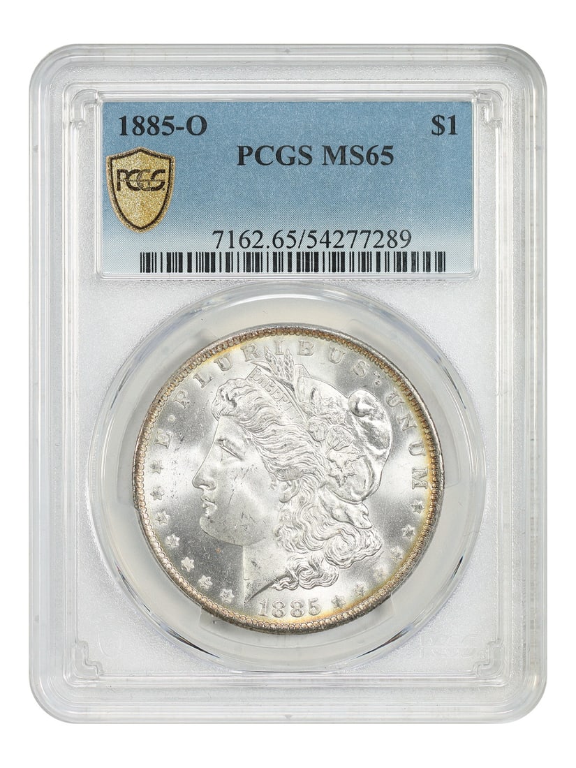 PCGS MS65 1885 O Mint Morgan Silver Dollar $1: PCGS MS65 1885 O Mint Morgan Silver Dollar $1 1885-O Morgan Dollar graded PCGS MS65. This uncirculated New Orleans issue had a mintage of 9,185,000 pieces. It is described as readily available overall