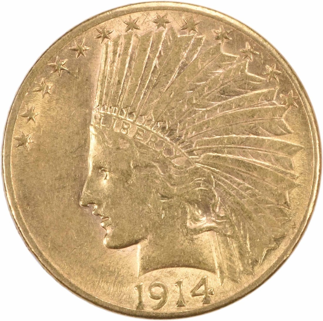 1914-D $10 Gold Indian Coin by Augustus Saint Gaudens Uncertified: 1914-D $10 Gold Indian Coin by Augustus Saint Gaudens Uncertified This 1914-D $10 Gold Indian coin features the renowned design by Augustus Saint Gaudens, celebrated for its artistic excellence. The c