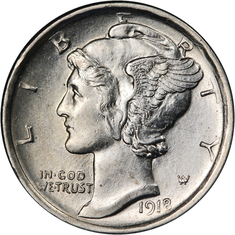 1918 D Mercury Dime Silver Uncirculated BU+: 1918 D Mercury Dime Silver Uncirculated BU+ 1918-D Mercury Dime with nice BU+ grade, featuring strong eye appeal, nice luster, a nice strike, bright white color, and pleasing surfaces. Pre-owned and u