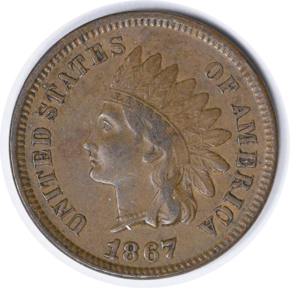 1867 Indian Head Copper Small Cent VF Uncertified: 1867 Indian Head Copper Small Cent VF Uncertified This is an 1867 Indian Head Cent, variety FS-302 S-4. The coin is circulated and graded as VF (Very Fine). It is composed of copper and does not bear 