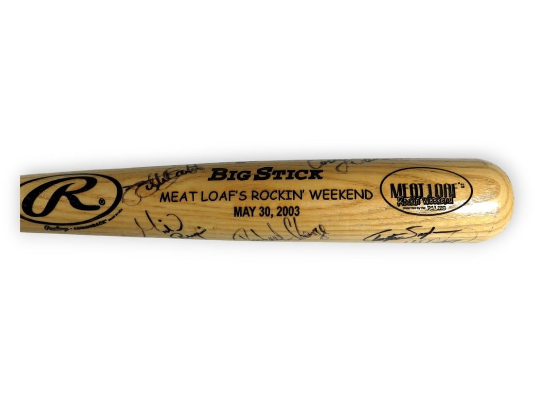 Baseball Bat Signed by Meat Loaf Bruce McGill Gault and 13 Others JSA Authenticated: Baseball Bat Signed by Meat Loaf Bruce McGill Gault and 13 Others JSA Authenticated This is an original baseball bat autographed by Meat Loaf and 15 other signers during the 2003 Meat Loaf's Rockin' W