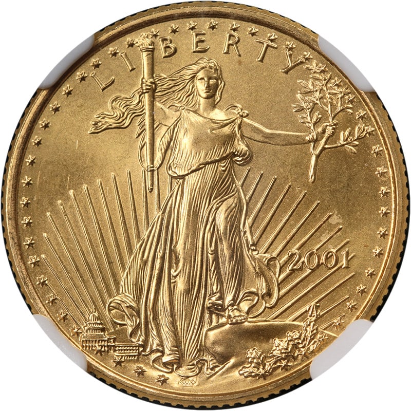 2001 Gold American Eagle $10 Coin NGC MS68 Uncirculated: 2001 Gold American Eagle $10 Coin NGC MS68 Uncirculated This stunning 2001 Gold American Eagle $10 coin is graded MS68 by NGC, showcasing exceptional luster and a sharp strike. With a composition of p