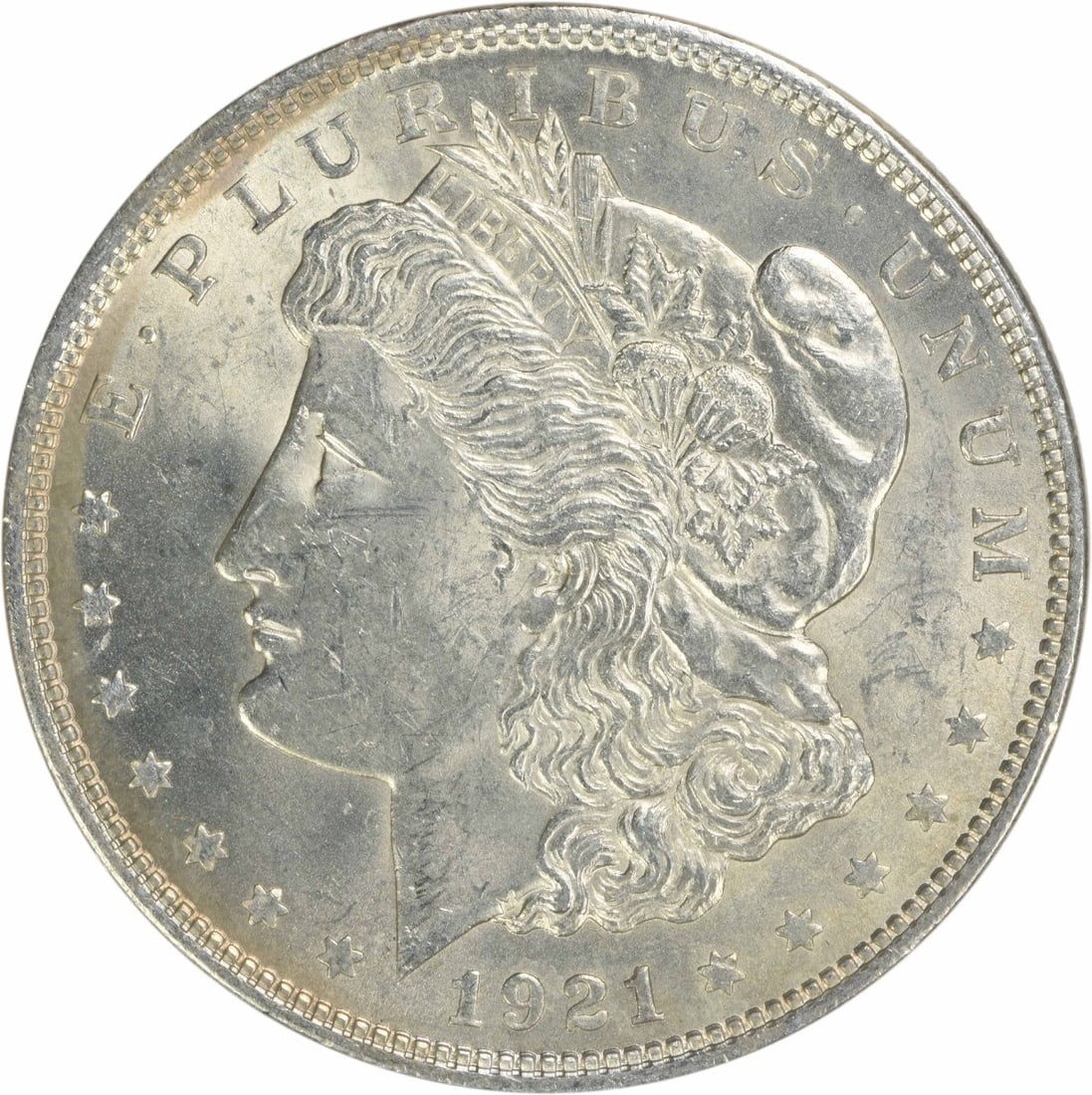 Uncirculated 1921 Silver Morgan Dollar BU Grade No Mint Mark Uncertified: Uncirculated 1921 Silver Morgan Dollar BU Grade No Mint Mark Uncertified This 1921 Morgan Silver Dollar is an uncirculated, pre-owned coin from the United States. It is composed of silver, features no