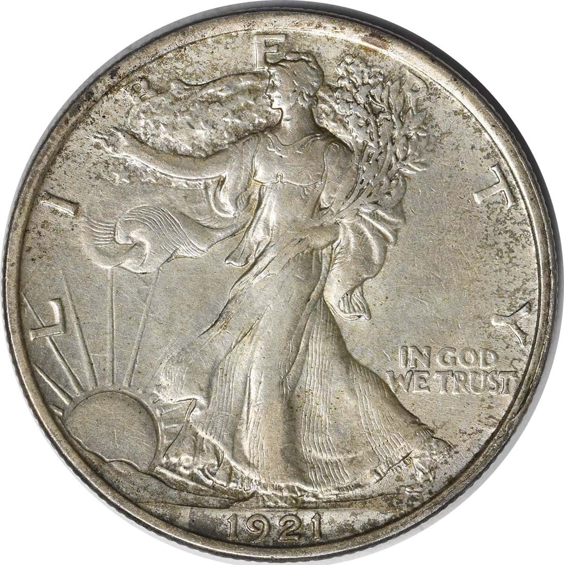 1921 Liberty Walking 50C Silver Half Dollar AU Uncertified: 1921 Liberty Walking 50C Silver Half Dollar AU Uncertified This 1921 Walking Liberty Silver Half Dollar features the iconic design by Adolph Alexander Weinman. Struck in Philadelphia, this circulated 