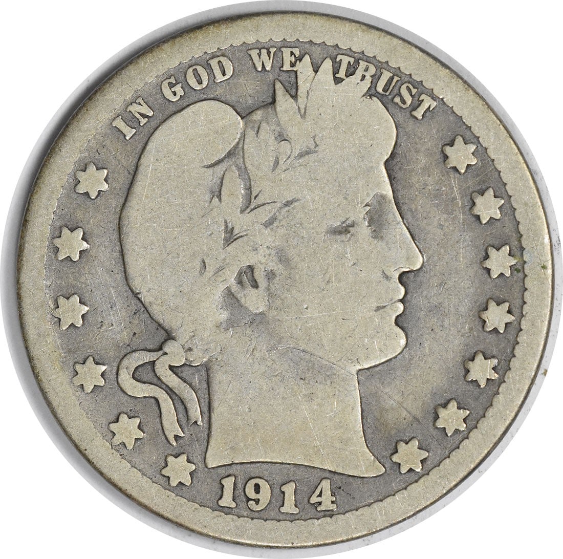 1914-S Barber Silver Quarter 25C G Circulated Coin Charles E Barber: 1914-S Barber Silver Quarter 25C G Circulated Coin Charles E Barber This 1914-S Barber Silver Quarter is a historical piece featuring the iconic Barber design by Charles E. Barber. It is composed of 9