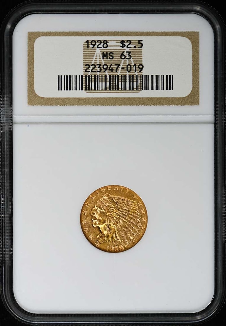 1928 Indian Head $2.50 Gold Coin NGC MS63 Uncirculated: 1928 Indian Head $2.50 Gold Coin NGC MS63 Uncirculated This is a 1928 Indian Head $2.50 gold coin graded MS63 by NGC. The coin is uncirculated and was minted in Philadelphia. It features the Indian He