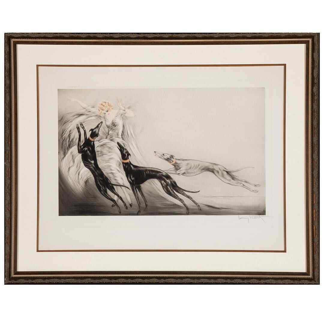 Louis Icart 1929 Signed Coursing II Etching: Louis Icart 1929 Signed Coursing II Etching This is an original 1929 etching and aquatint with hand coloring by Louis Icart titled "Coursing II." The artwork features a woman and is executed on wove p