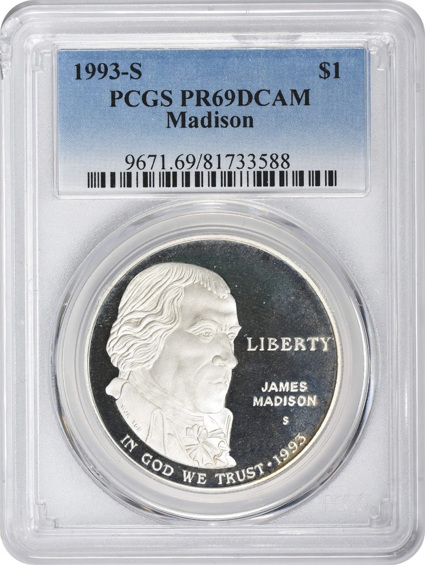 PCGS PR69DCAM 1993-S Madison silver commemorative dollar: PCGS PR69DCAM 1993-S Madison silver commemorative dollar This 1993-S Madison Bill of Rights Silver Commemorative Dollar is a proof coin featuring a portrait of James Madison. Graded PR69DCAM by PCGS, 