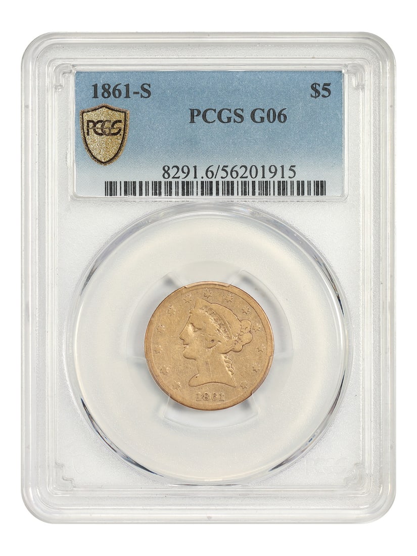 PCGS Good 06 1861 S Liberty Head Half Eagle $5 Coin: PCGS Good 06 1861 S Liberty Head Half Eagle $5 Coin 1861-S Liberty Head $5 gold coin certified by PCGS in Good 06. From a scant mintage of just 18,000 pieces, this circulated example is described as a