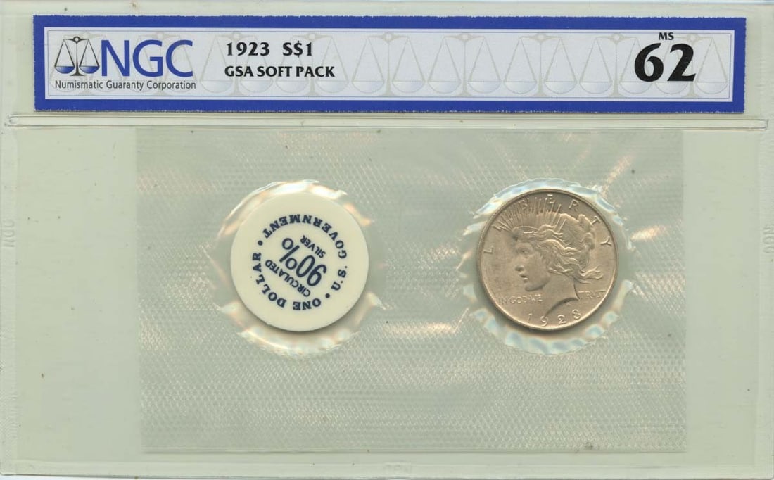 NGC MS62 1923 Peace Dollar S$1 GSA Soft Pack: NGC MS62 1923 Peace Dollar S$1 GSA Soft Pack 1923 Peace Dollar certified by NGC and graded MS62. This uncirculated pre-owned coin is a GSA soft pack example with a $1 denomination and Philadelphia min