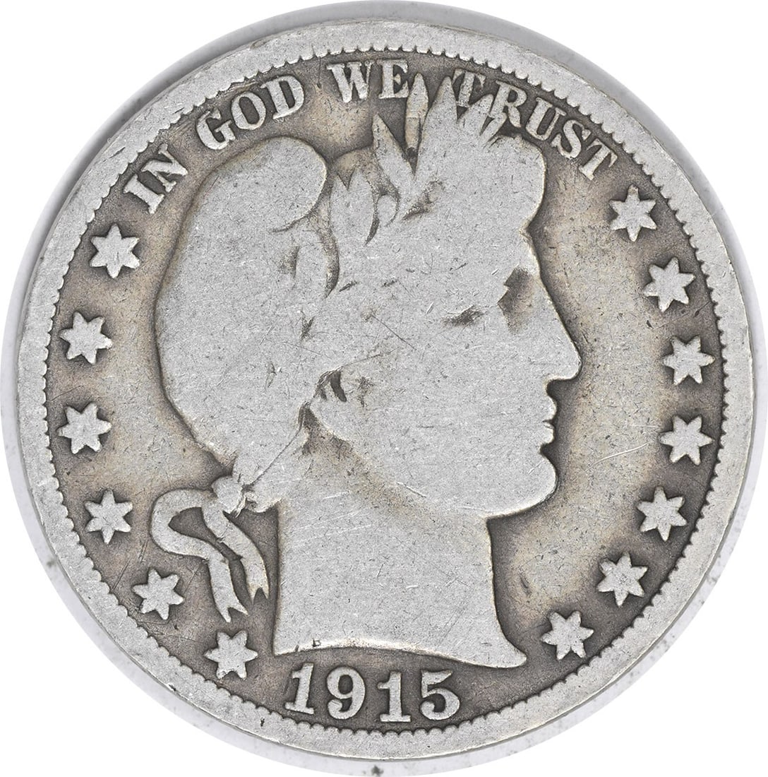 1915 Silver 50C Barber Half Dollar VG Uncertified: 1915 Silver 50C Barber Half Dollar VG Uncertified 1915 Barber silver half dollar in circulated VG condition. This uncertified United States 50C coin is a pre-owned example of the Barber series. Specif