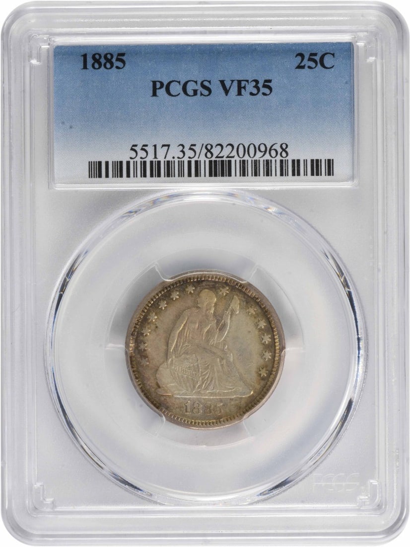 1885 PCGS VF35 Seated Liberty 25C Silver Quarter: 1885 PCGS VF35 Seated Liberty 25C Silver Quarter This is an 1885 Liberty Seated Silver Quarter graded VF35 by PCGS. The coin is circulated and features the classic Seated Liberty design. It is compose