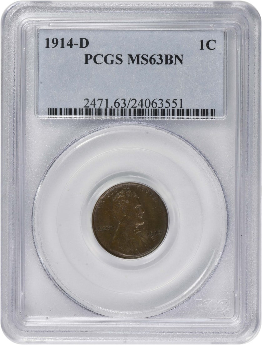 PCGS MS63 1914-D Lincoln Wheat Small Cent Copper: PCGS MS63 1914-D Lincoln Wheat Small Cent Copper This is a 1914-D Lincoln Wheat Cent graded MS63BN by PCGS. Struck in copper, this small cent is uncirculated and originates from the Denver Mint. It is