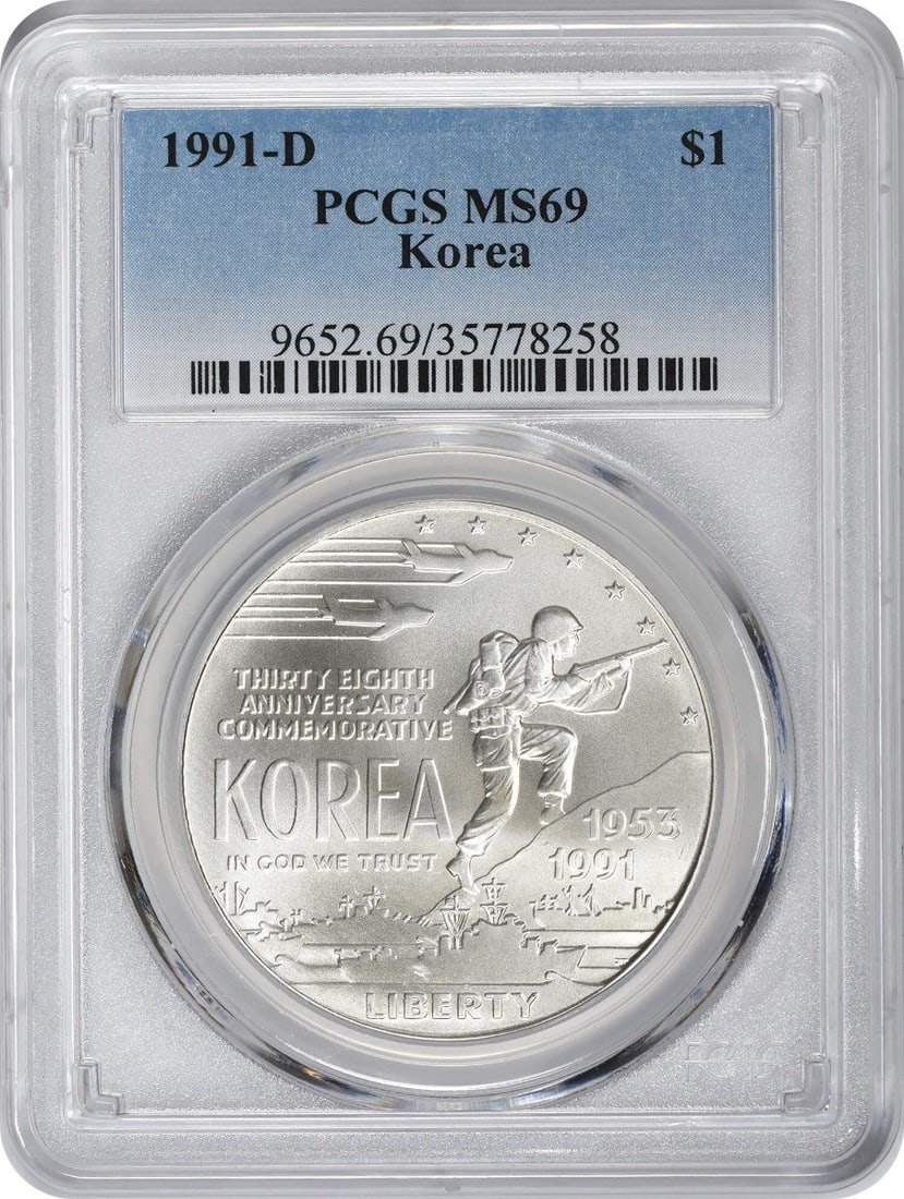 PCGS MS69 1991-D Korea Commemorative Silver Dollar from Denver Mint: PCGS MS69 1991-D Korea Commemorative Silver Dollar from Denver Mint This 1991-D Korea Silver Commemorative Dollar is a PCGS-certified Mint State 69 coin. Issued by the United States Mint in Denver, it