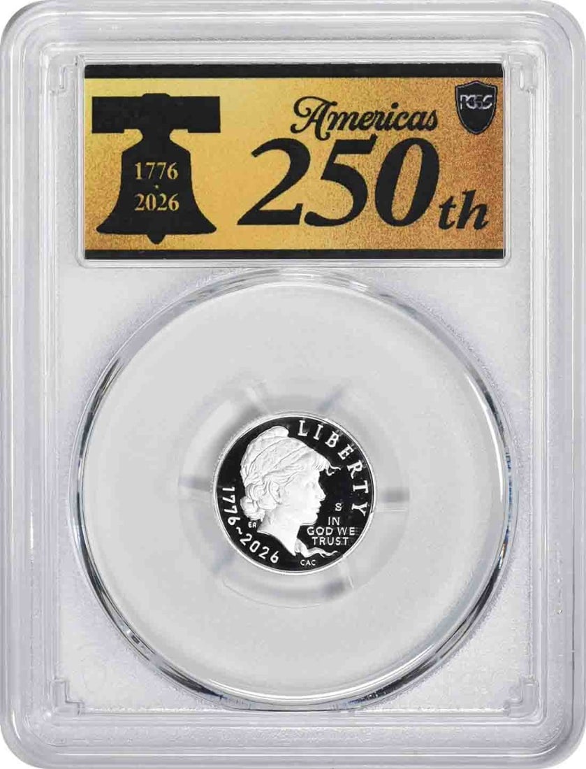 PCGS PR70DCAM FDOI 2026-S Emerging Liberty Silver 10C Anniv Label: PCGS PR70DCAM FDOI 2026-S Emerging Liberty Silver 10C Anniv Label 2026-S Emerging Liberty silver dime with a proof strike and PR70DCAM grade by PCGS. This uncirculated 10C coin features the 1776-2026 