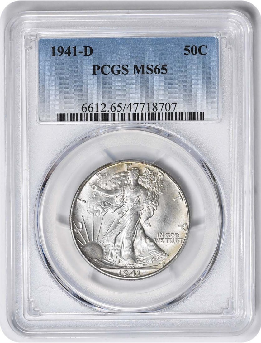 PCGS MS65 1941-D Liberty Walking Silver Half Dollar: PCGS MS65 1941-D Liberty Walking Silver Half Dollar 1941-D Walking Liberty Half Dollar certified by PCGS and graded MS65. This uncirculated United States 50C coin features the Liberty Walking design a