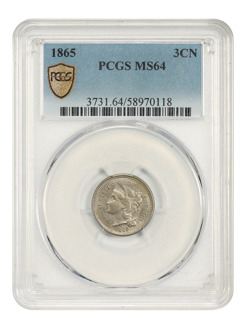 PCGS MS64 1865 Three Cent Nickel 3CN Philadelphia: PCGS MS64 1865 Three Cent Nickel 3CN Philadelphia 1865 Three Cent Nickel certified by PCGS in MS64 condition. This uncirculated coin is a pre-owned example from the Philadelphia Mint. Specifications D