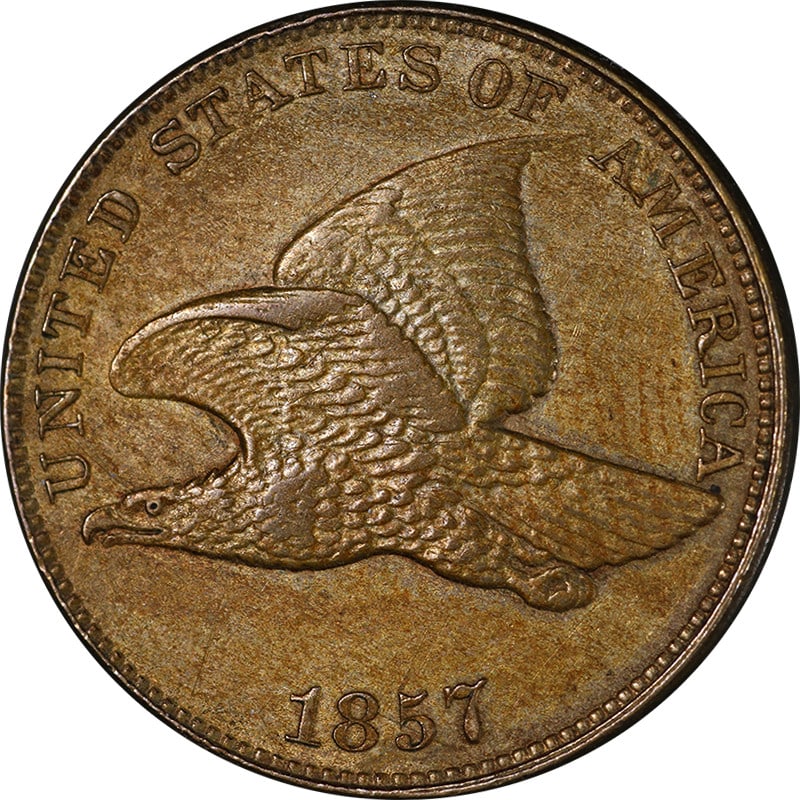 1857 Copper Flying Eagle Cent Choice AU or BU Strong Strike Uncertified: 1857 Copper Flying Eagle Cent Choice AU or BU Strong Strike Uncertified This 1857 Flying Eagle Cent offers superb eye appeal with outstanding color, strong strike, and nice luster. The coin is graded 