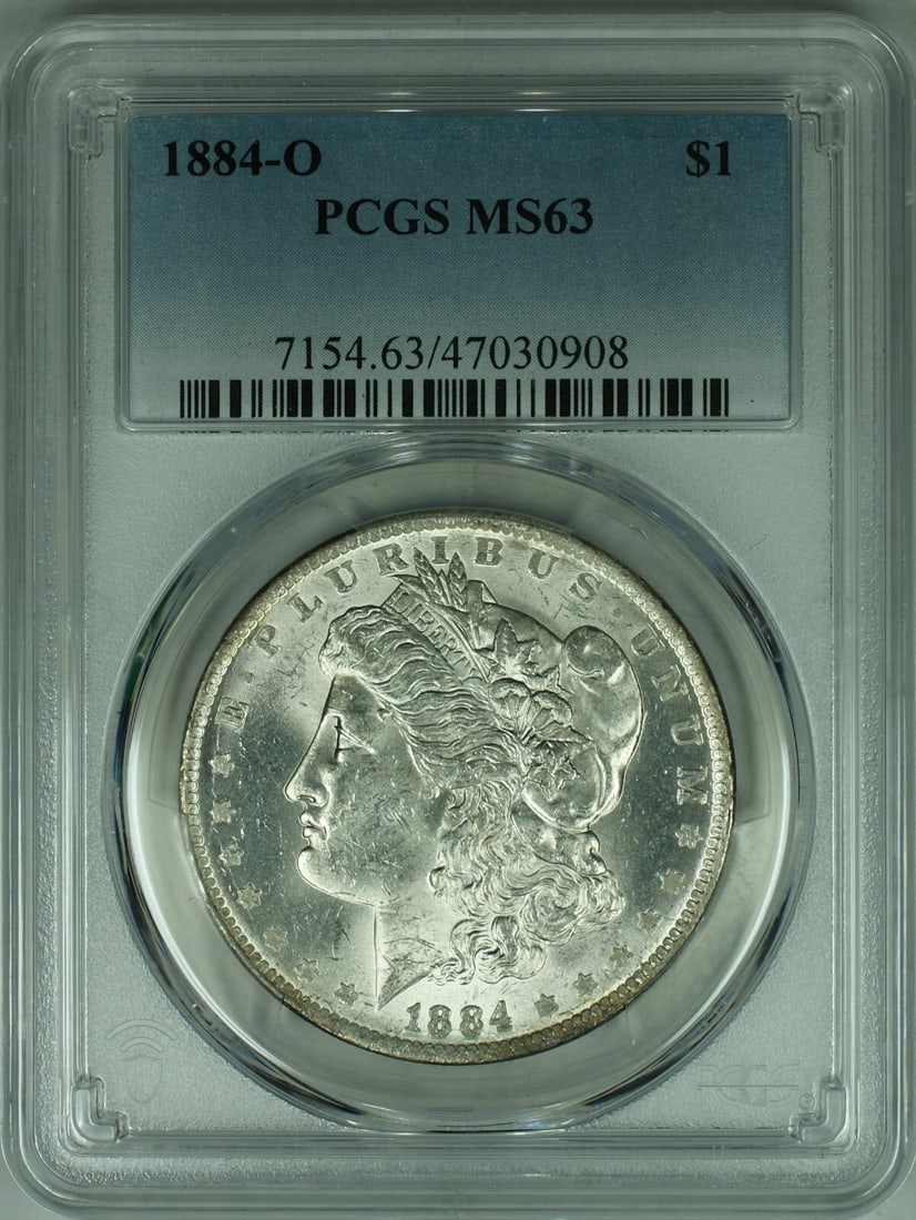 PCGS MS63 Graded 1884-O Morgan Dollar New Orleans Mint Silver Coin: PCGS MS63 Graded 1884-O Morgan Dollar New Orleans Mint Silver Coin This is an 1884-O Morgan Silver Dollar coin, certified by PCGS with a grade of MS-63. Minted in New Orleans, the coin is composed of 