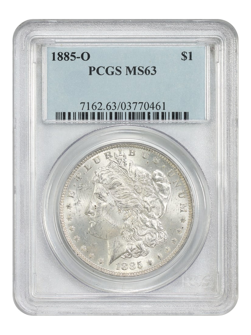 PCGS MS63 1885 O Morgan Silver Dollar $1 New Orleans Mint: PCGS MS63 1885 O Morgan Silver Dollar $1 New Orleans Mint 1885-O Morgan Dollar certified by PCGS as MS63. This uncirculated New Orleans issue is a popular O-Mint Morgan dollar with a mintage of 9,185,