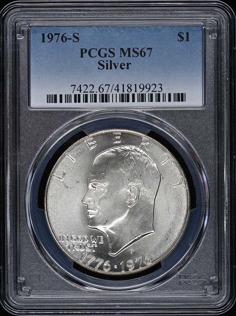 PCGS MS67 1976-S Eisenhower Dollar Silver Bicentennial Reverse: PCGS MS67 1976-S Eisenhower Dollar Silver Bicentennial Reverse This 1976-S $1 Silver Ike Dollar features the Bi-Centennial reverse and has been certified by PCGS with a grade of MS67. Struck at the Sa