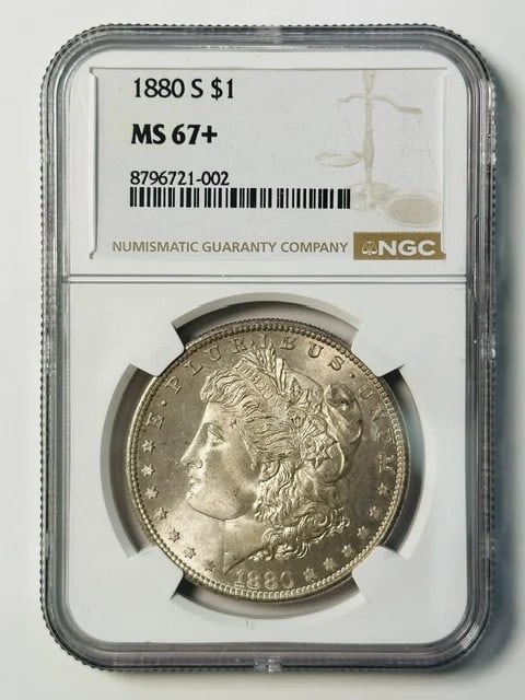 NGC MS-67+ 1880-S Morgan Silver Dollar: NGC MS-67+ 1880-S Morgan Silver Dollar 1880 Morgan Silver Dollar certified by NGC and graded MS 67+. This pre-owned coin is composed of silver and has a dollar denomination. The year is 1880 and the c