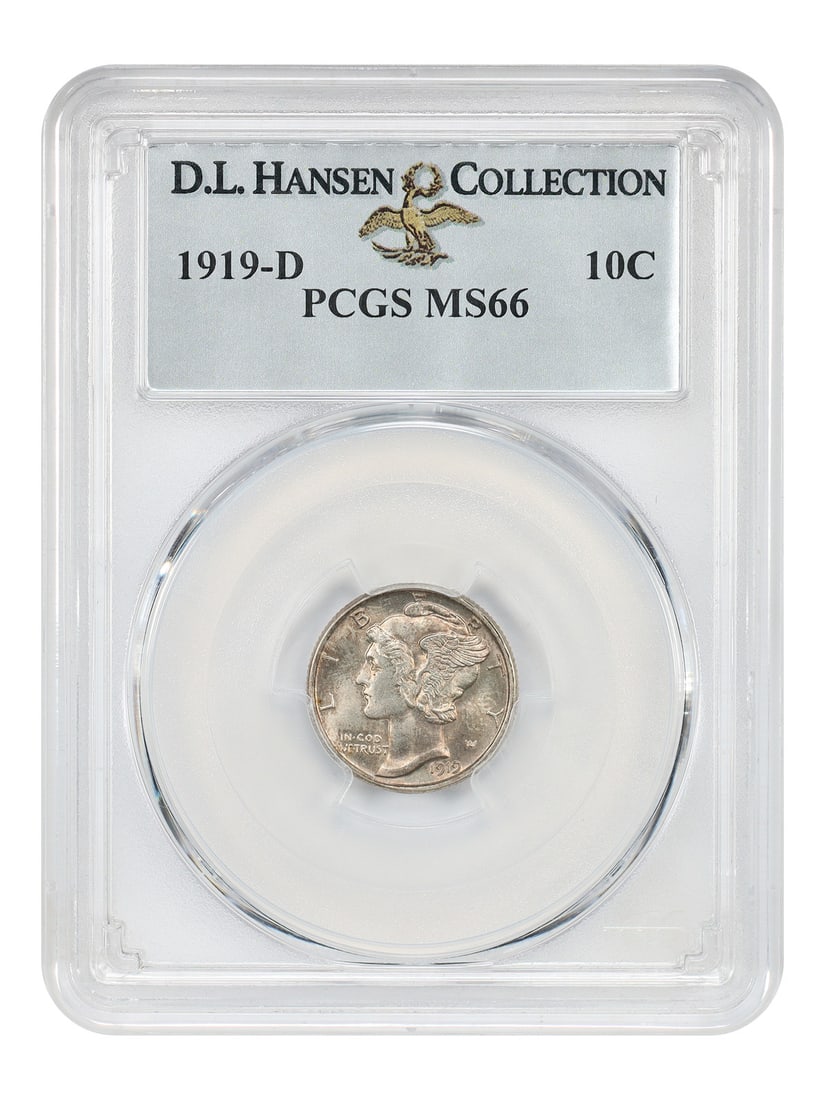 Mercury Dime 1919-D PCGS MS66 ex D.L. Hansen: Mercury Dime 1919-D PCGS MS66 ex D.L. Hansen 1919-D Mercury Dime certified by PCGS as MS66. This uncirculated example is described as elusive in Mint State and tied for finest at PCGS in the non Full 