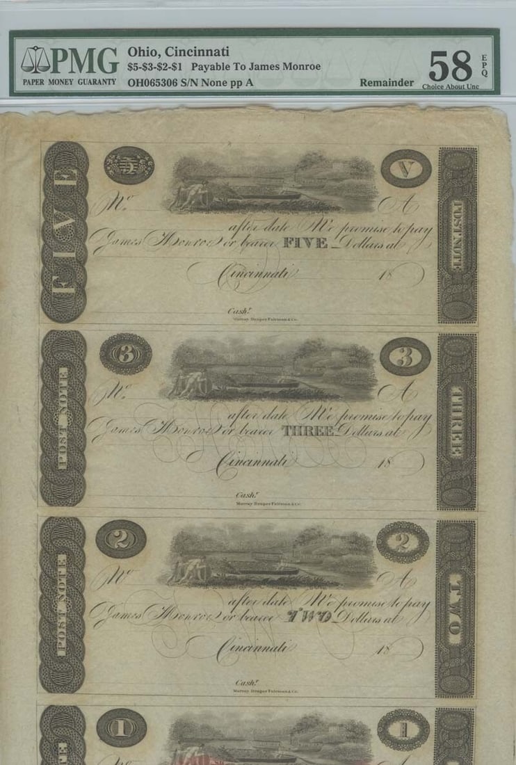 PMG AU58 Cincinnati Ohio Obsolete Note $5 $3 $2 $1: PMG AU58 Cincinnati Ohio Obsolete Note $5 $3 $2 $1 This is an obsolete banknote sheet from Cincinnati, Ohio, featuring denominations of $5, $3, $2, and $1 from the 1800s. The sheet has been certified 