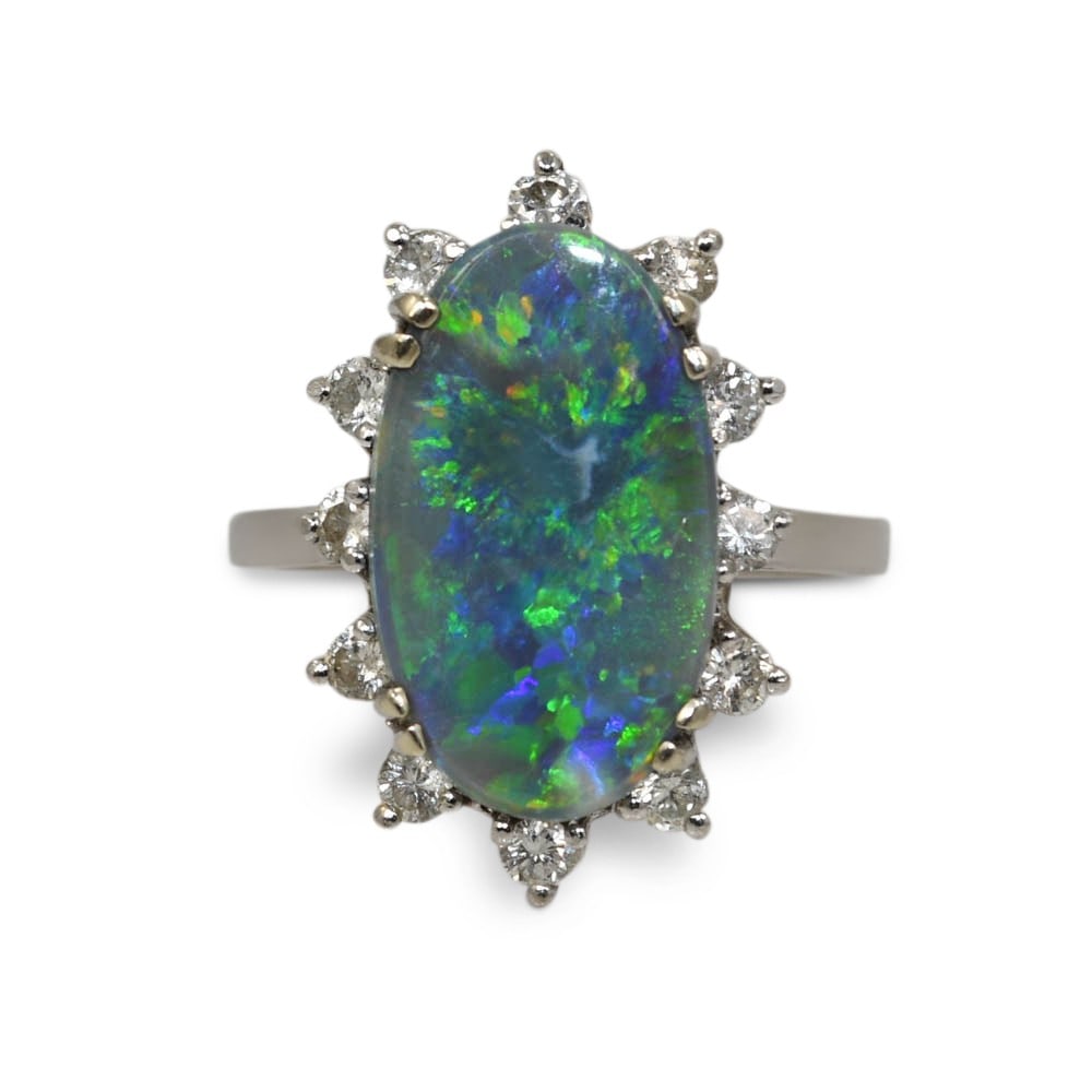 Australian black opal 14K white gold ring with 12 diamonds (1 of 8)