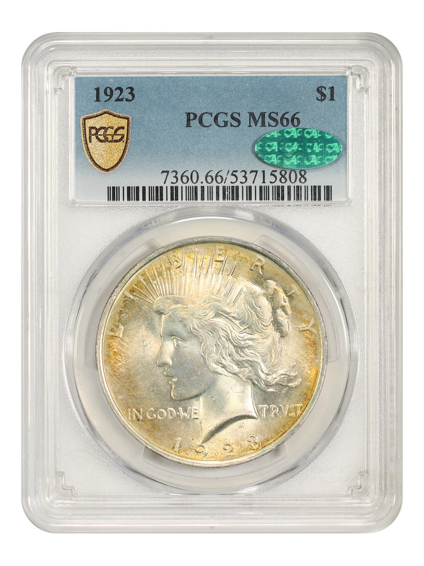 1923 Peace Dollar $1 PCGS MS66 CAC Philadelphia: 1923 Peace Dollar $1 PCGS MS66 CAC Philadelphia 1923 Peace Dollar certified by PCGS and CAC in MS66 grade. This uncirculated example is noted as one of the most common dates in the series and is popul
