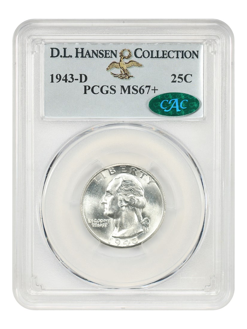 Washington Quarter 1943-D 25C PCGS CAC MS67+ ex D.L. Hansen: Washington Quarter 1943-D 25C PCGS CAC MS67+ ex D.L. Hansen 1943-D Washington Quarter certified by PCGS and approved by CAC. This uncirculated example is noted for silvery brilliance, vibrant luster, 