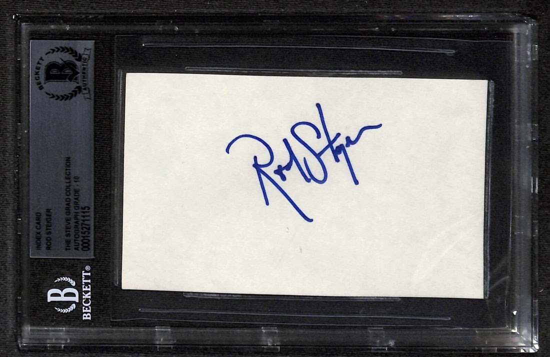 Rod Steiger Signed 3x5 Card as Police Chief Bill Beckett Authenticated: Rod Steiger Signed 3x5 Card as Police Chief Bill Beckett Authenticated This is a pre-owned 3x5 inch index card personally signed by Rod Steiger, who portrayed Police Chief Bill in the film 'Heat of th