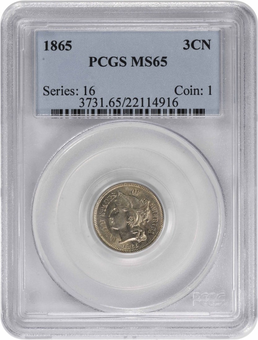 PCGS MS65 1865 3C Nickel Coin: PCGS MS65 1865 3C Nickel Coin This is an 1865 Three Cent Nickel coin from the United States, graded MS65 by PCGS. The coin is uncirculated and composed of nickel, with a denomination of 3 cents. It do