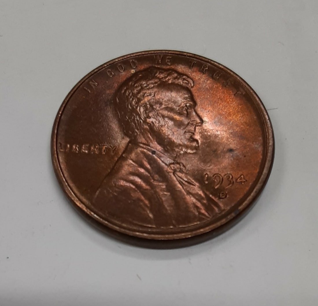 Uncirculated 1934 Denver Lincoln Wheat Cent Repunched Mintmark FS-504 Stage B RB (1 of 3)