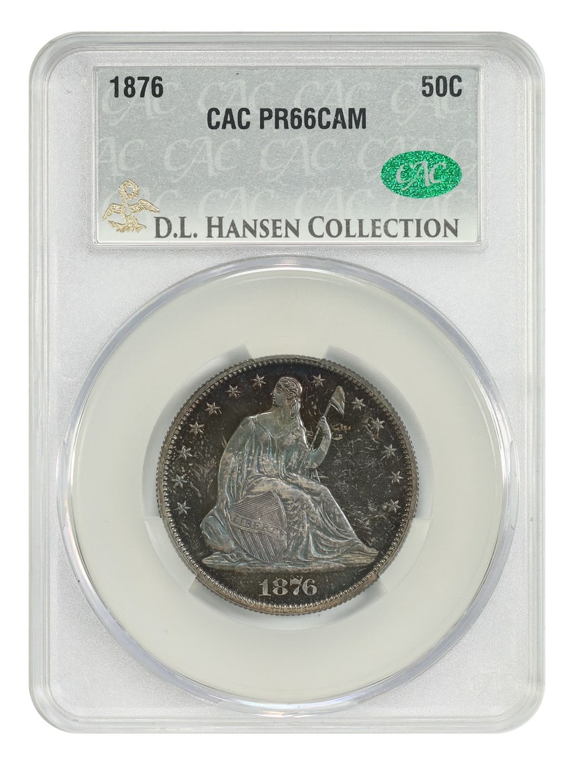 Liberty Seated Half Dollar 1876 50C CACG PR66CAM ex D.L. Hansen: Liberty Seated Half Dollar 1876 50C CACG PR66CAM ex D.L. Hansen 1876 Liberty Seated Half Dollar graded PR66CAM by CACG. This proof issue comes ex: D.L. Hansen and is described as an incredible gem exa